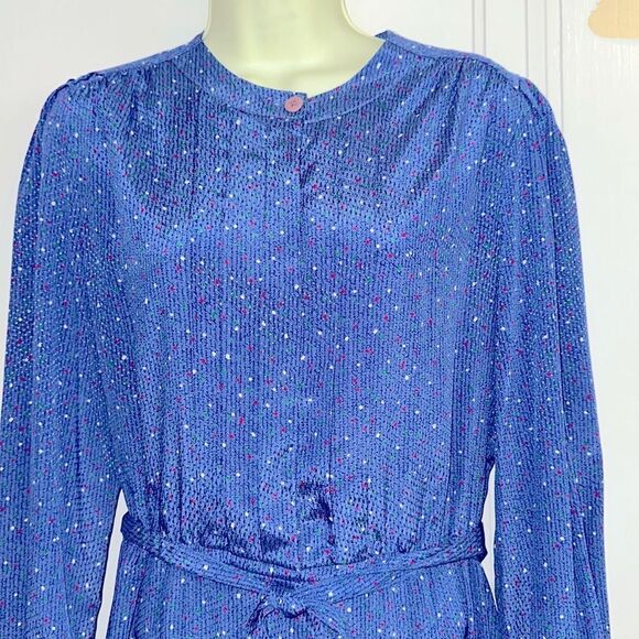 Vtg  70s/80s Schrader Sport Petites Blue Polka Dot Long Sleeve Polyester Dress - Picture 3 of 8